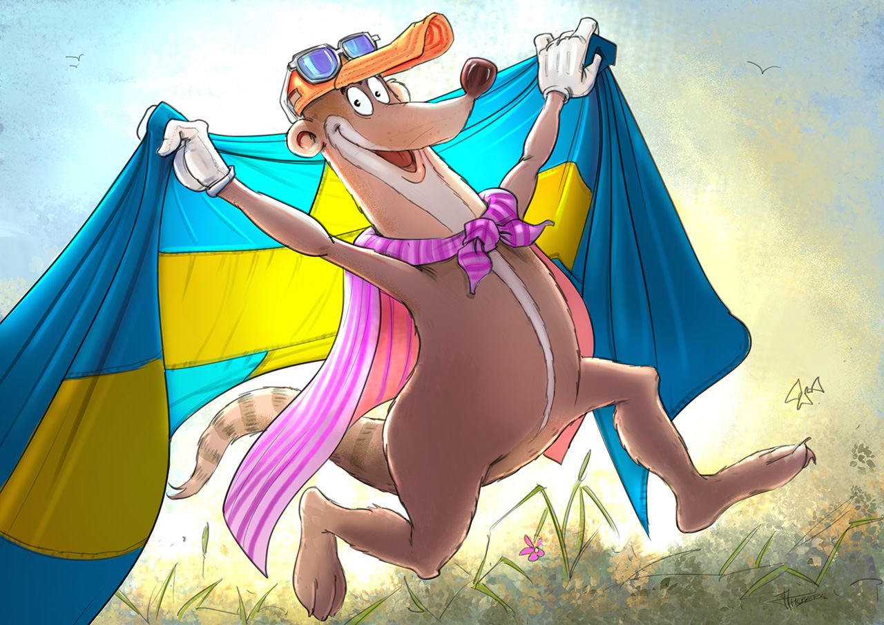 Scandivet - OneMed Sverige - teckning på utter som springer i mål med svenska flaggan bakom axlarna.